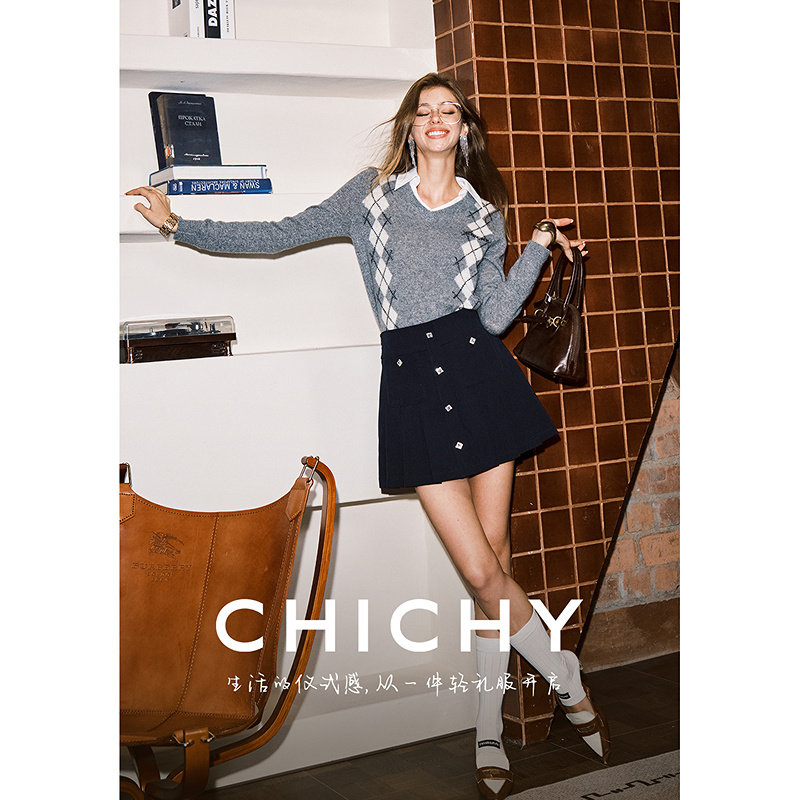 CHICHY美式学院风假两件菱格套装