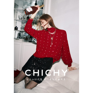 【100%绵羊毛】CHICHY名媛风新年红色高领毛衣女冬季款宽松针织衫