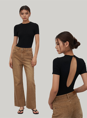 ADoOr 短袖连体衣bodysuit收腰欧美性感打底上衣镂空露背长袖圆领