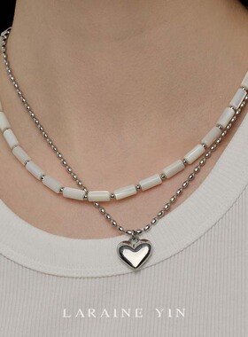 LARAINE YIN小众设计双层白贝项链女爱心吊坠一体式锁骨链轻奢