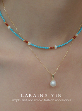 LARAINE YIN原创设计蓝色石项链珍珠吊坠叠戴锁骨链小众百搭
