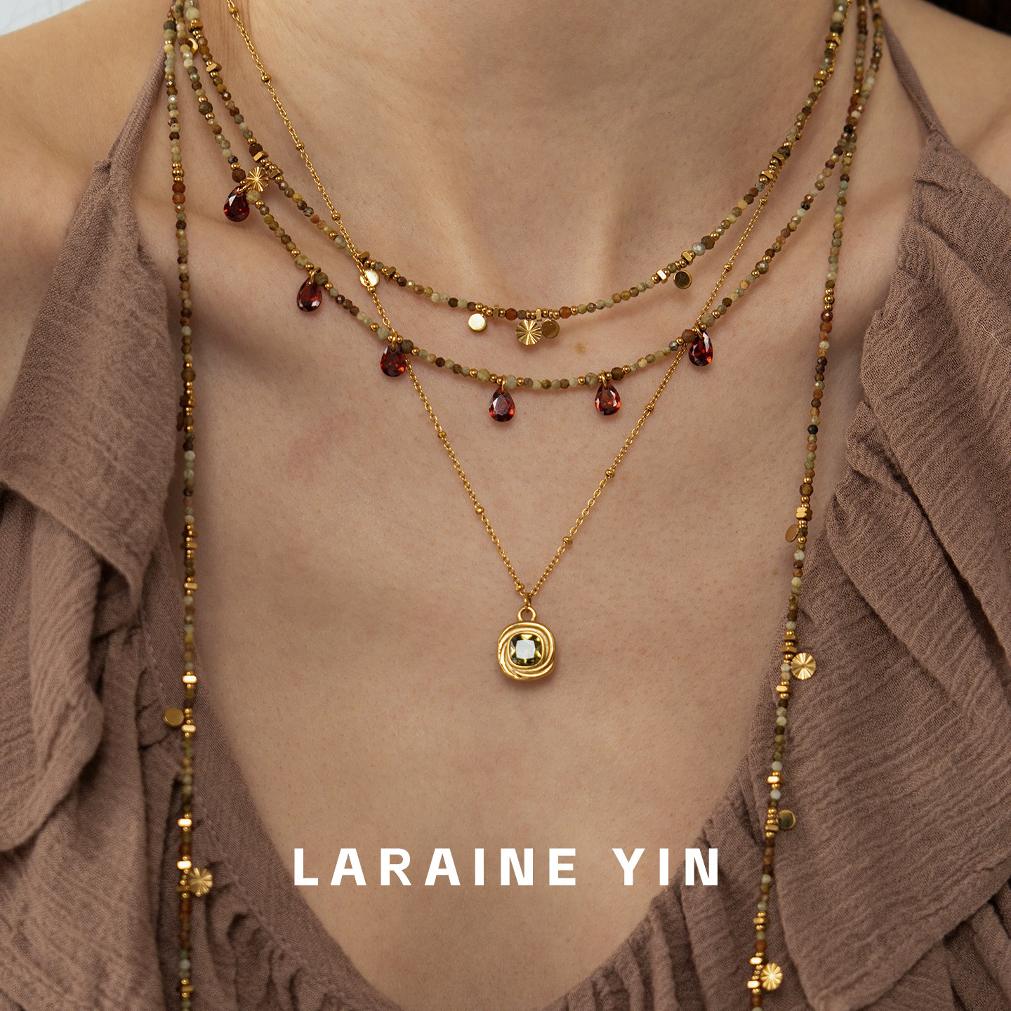 LARAINEYIN法式原创小众高级感叠戴项链度假风金属圆片串珠锁骨链