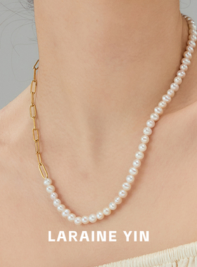 小众高级感淡水珍珠项链拼接链条锁骨链叠戴百搭颈链