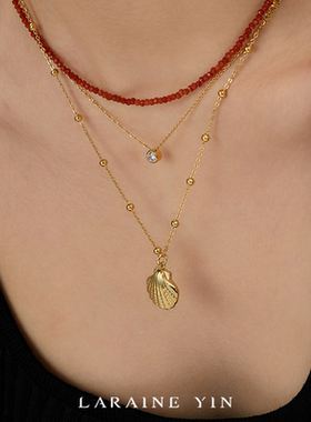 LARAINE YIN复古红玛瑙串珠项链叠戴时髦百搭贝壳吊坠颈链潮