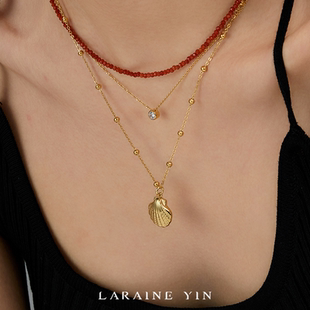 LARAINE YIN复古红玛瑙串珠项链叠戴时髦百搭贝壳吊坠颈链潮