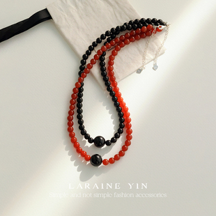 LARAINE 黑玛瑙锁骨链银饰配件 YIN手工串珠红玛瑙项链新中式