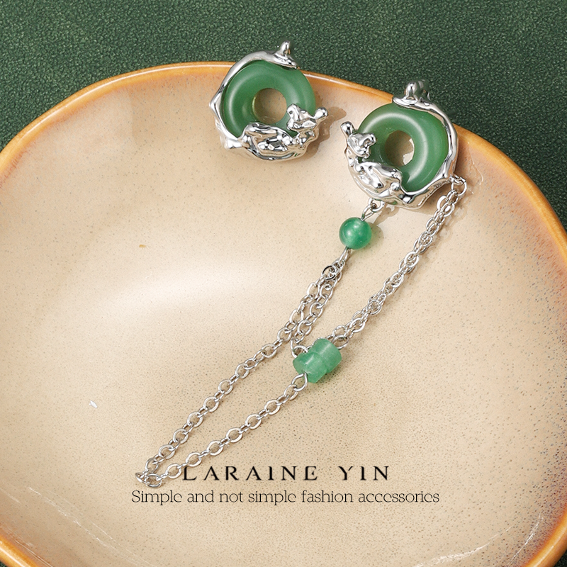 原创设计新中式绿色流苏耳环小众复古耳坠ab款古风耳饰