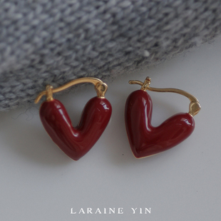 YIN小眾設計感紅色愛心耳扣簡約高級感耳飾新年禮物 LARAINE
