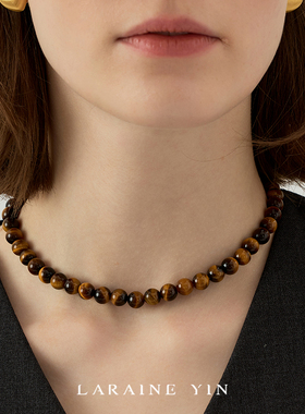 LARAINE YIN欧美复古虎眼石串珠项链秋冬美拉德叠戴锁骨链925银