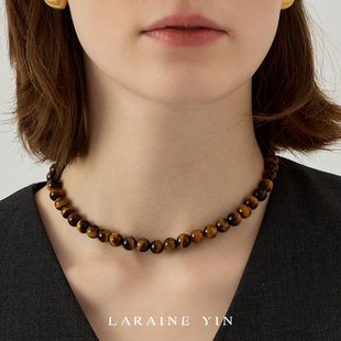 YIN欧美复古虎眼石串珠项链秋冬美拉德叠戴锁骨链925银 LARAINE