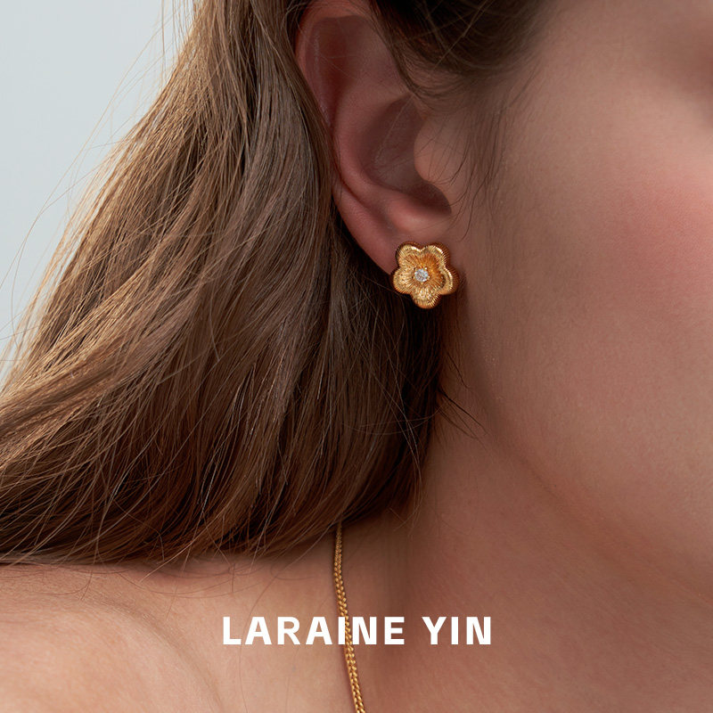 复古古法沙金镶钻拉丝小金花耳钉小众高级感耳环2025年新款耳饰