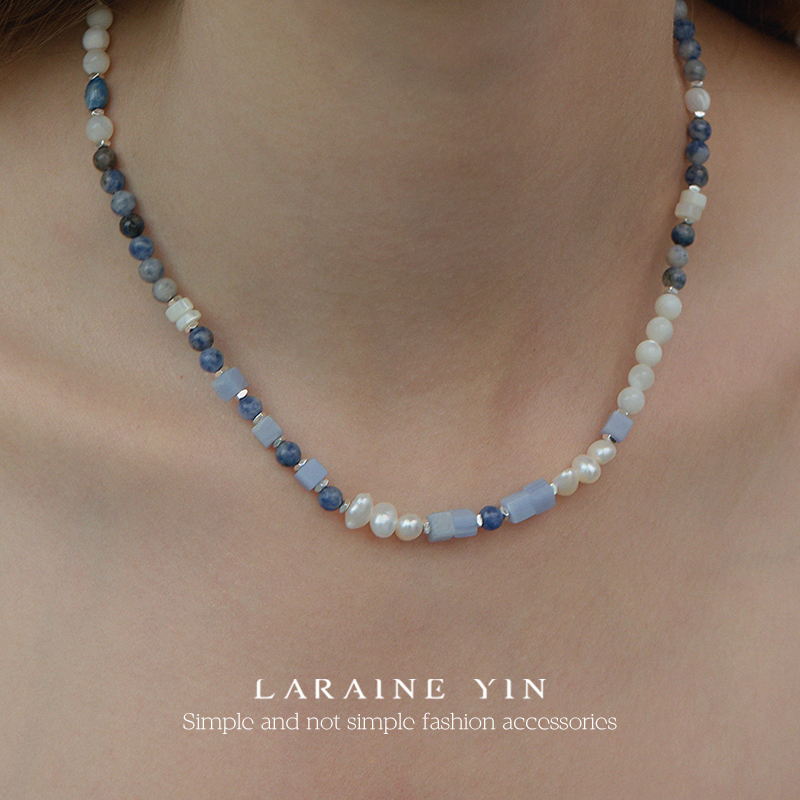 LARAINE YIN原创设计蓝色天然石串珠项链珍珠锁骨链轻奢球颈链秋