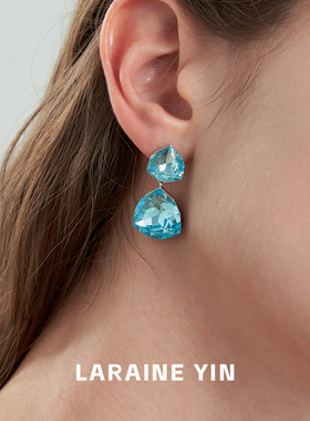 仿水晶切面三角形水滴耳环轻奢高级感耳坠银针蓝色度假风耳饰