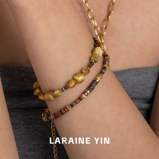LARAINE 叠戴虎眼石手串 YIN原创复古棕色手工串珠手链个性