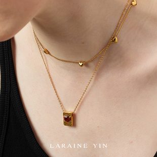 LARAINE YIN复古小众设计红色爱心宝石吊坠项链叠戴锁骨链七夕