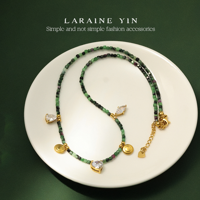 LARAINE YIN原创设计天然石绿色串珠项链夏日百搭清新叠戴锁骨链