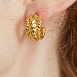 c型麻花耳圈简约复古铜镀18k 欧美扭曲耳环个性 买3免1