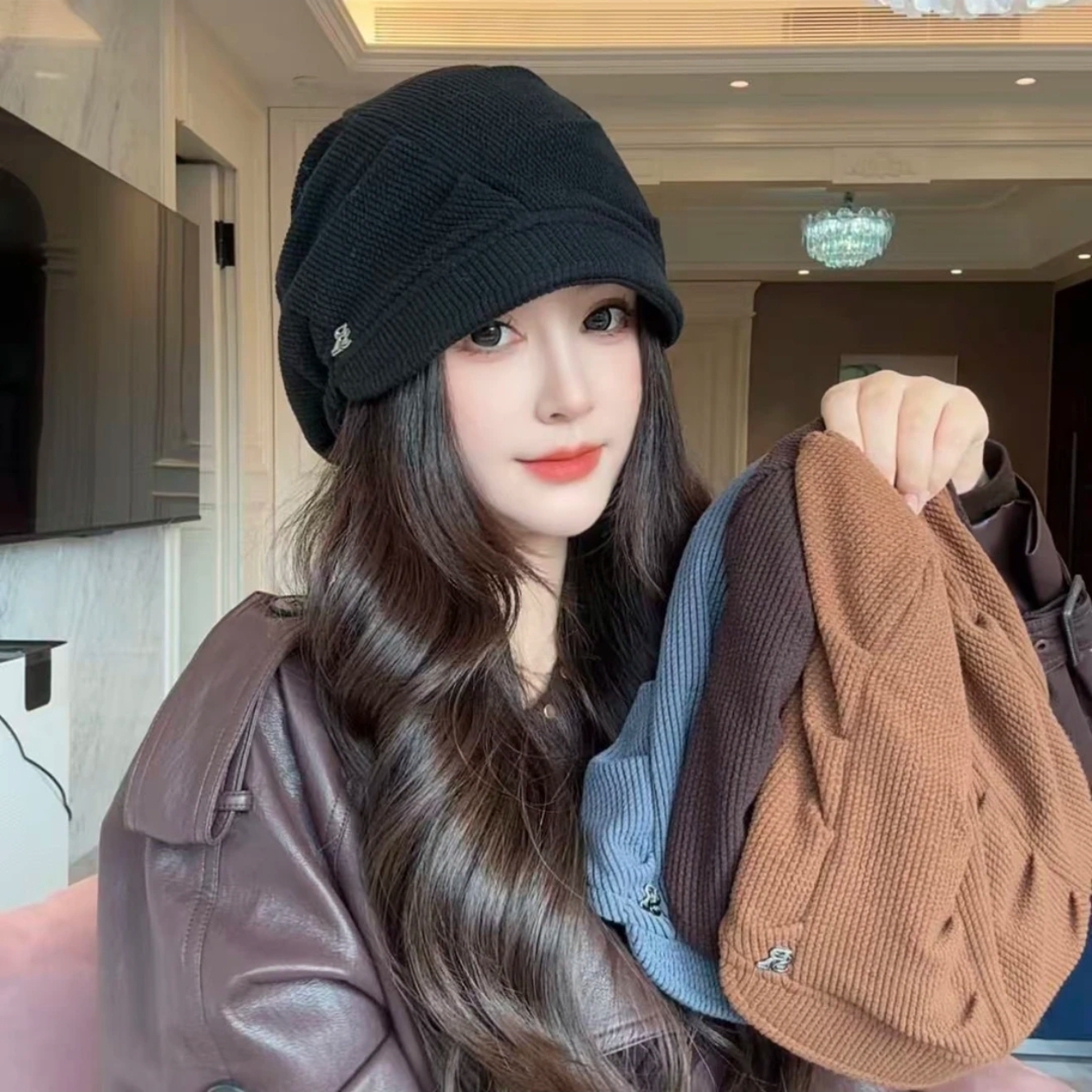 义乌樊胜帽子捏褶显脸小堆堆帽大头围帽檐抽绳大头围冷帽包头帽女