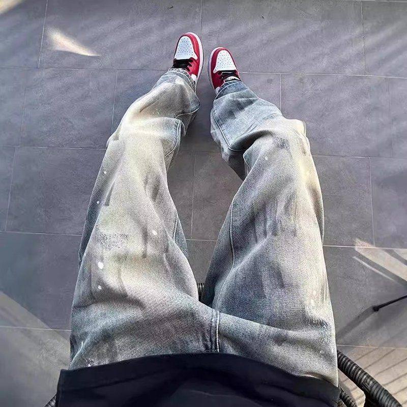 水洗美式脏染涂鸦牛仔裤男款直筒裤秋季潮牌裤子微喇显瘦高腰弯刀