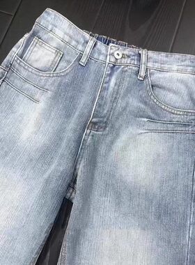 微喇裤水洗纹炸街秋季牛仔裤显瘦竹节潮牌浅蓝色直筒裤子痞帅男款