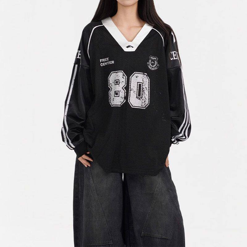 长袖T恤上衣小众运动hiphop设计感v宽松薄款风美式球衣复古领男女,男装,Polo衫,淘宝优惠券,粉丝福利购,淘宝优惠卷