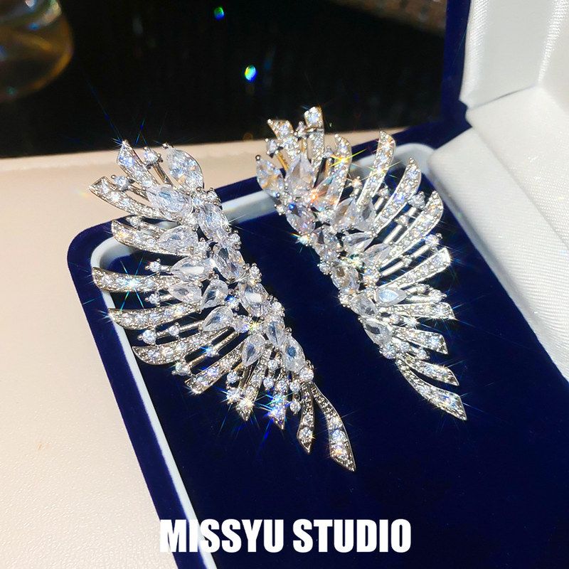 翅膀批发璀璨耳环银翼!重工高级感耳饰锆石欧美轻奢之光时尚耳钉