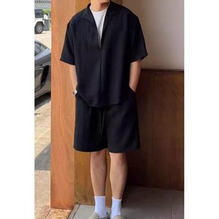 一整套薄款 套装 新款 男假两件拼接夏季 老钱 短袖 风轻奢黑色冰丝衬衫