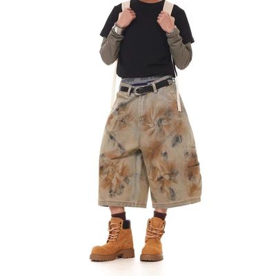 街头潮脏染压男中裤美式七分弯刀