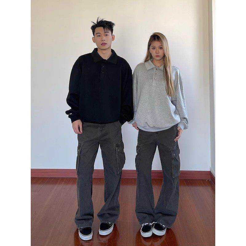 直筒牛仔裤灰色微喇伐木弯刀阔腿裤子男款大工装裤vibe美式口袋