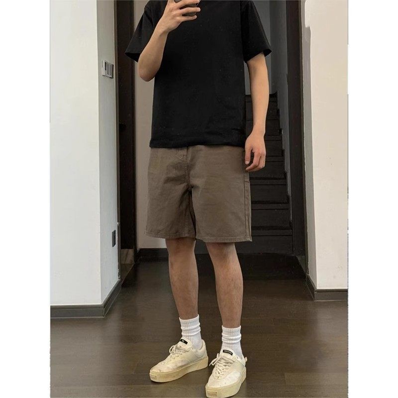 宽松直筒运动男款牛仔短裤棕色半截弹力五分裤复古裤潮牌夏季休闲