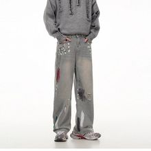阔腿长裤做旧痞帅设计感高街男女复古破洞牛仔裤泼墨美式跨境vibe