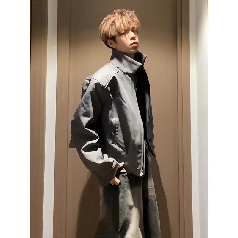 男正肩外套anfit翻领le春季美式潮牌复古短款灰色c高级感夹克飞行