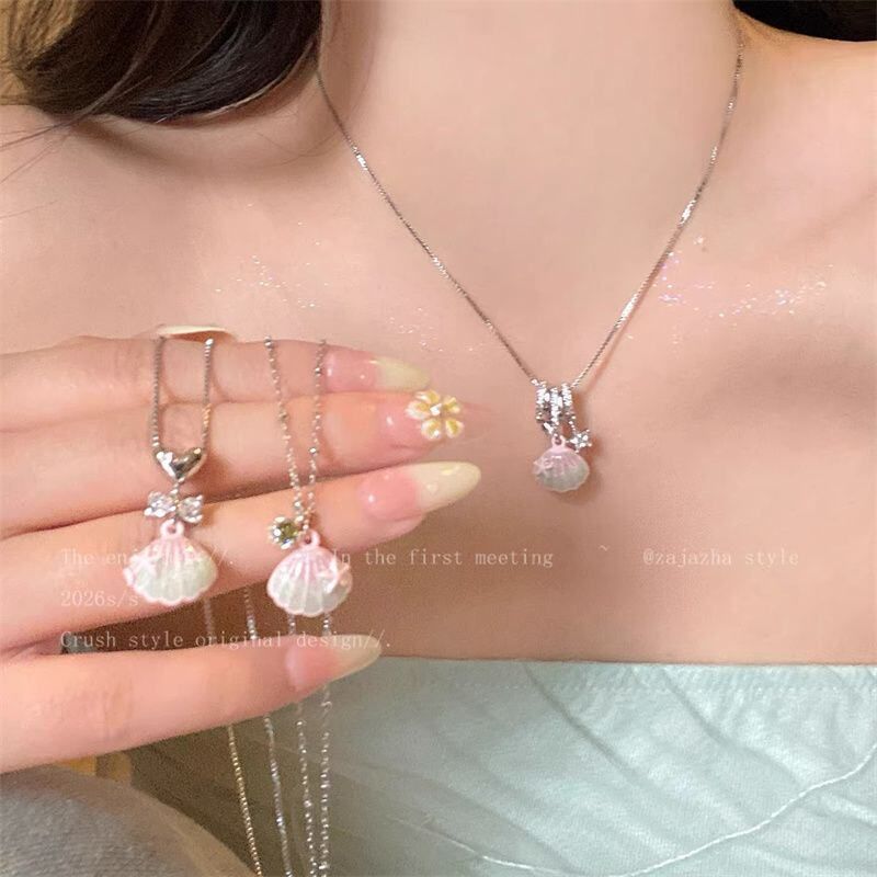 精致粉色女小众贝壳项链蝴蝶结