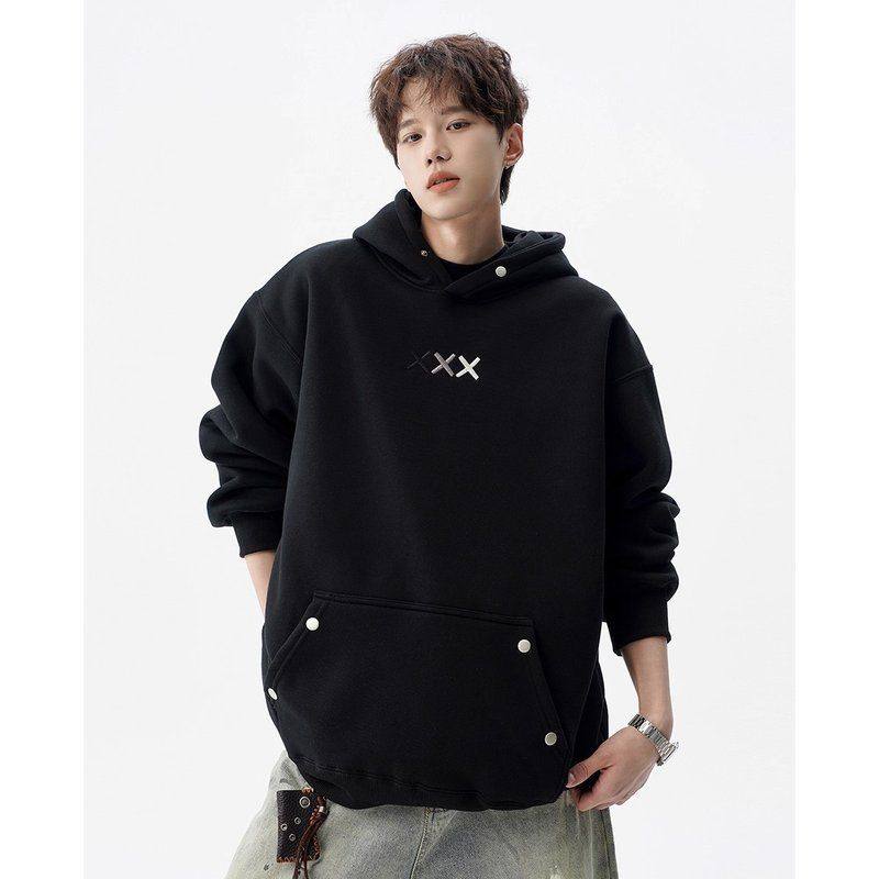 设计感黑色重磅美式男情侣刺绣外套帽衫卫衣连帽秋冬高街加厚宽松