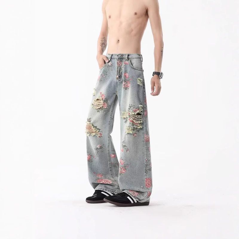 水洗直筒高街破洞牛仔裤满印弯刀潮牌男款玫瑰裤美式微喇裤设计感