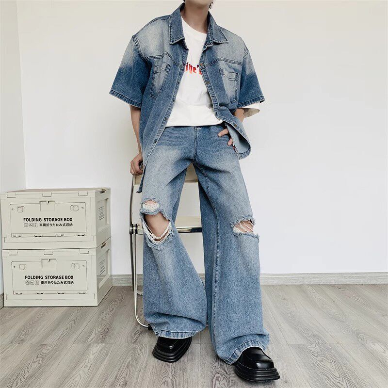 牛仔百搭休闲痞帅男款两件套水洗夏季潮牌宽松套装美式hiphop做旧