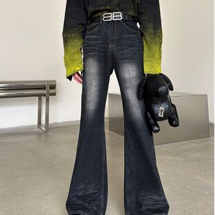美式街头复古黑灰高街显瘦男款喇叭裤子牛仔裤男潮流直筒高级感