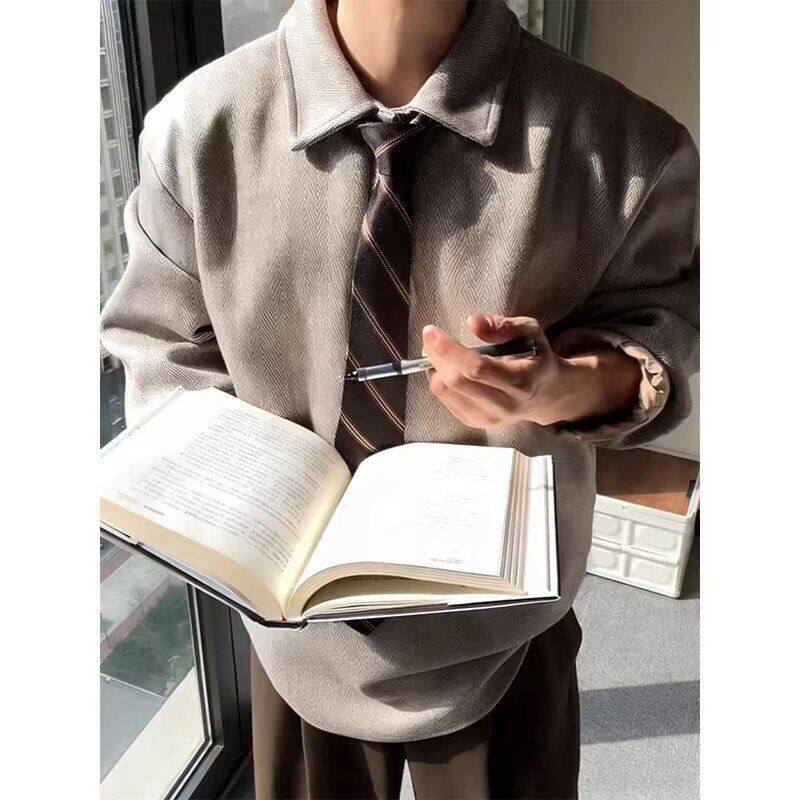 男卫衣学院风P翻领olo短衫毛呢宽高级感领带风老钱卡其色长袖上衣