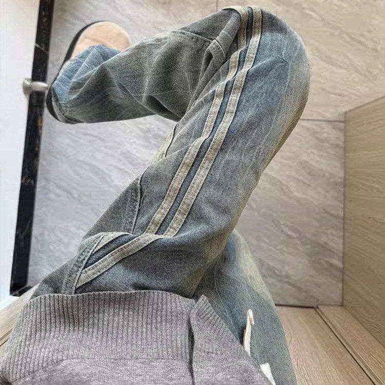 男秋冬窄美式高街宽松条纹潮牌设计感版拼接牛仔裤直筒复古阔腿裤