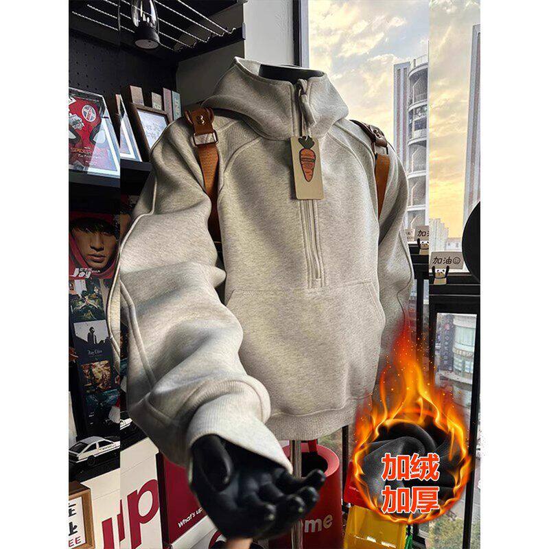 anfit冬季加绒美式解构卫衣外套厚半硬挺连帽衫男拉链le小众立领c