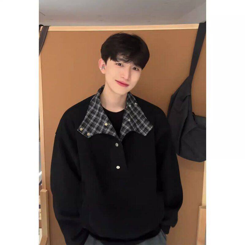 复古小众黑色高级感格纹翻领春季卫衣上衣男款设计感美式正肩外套