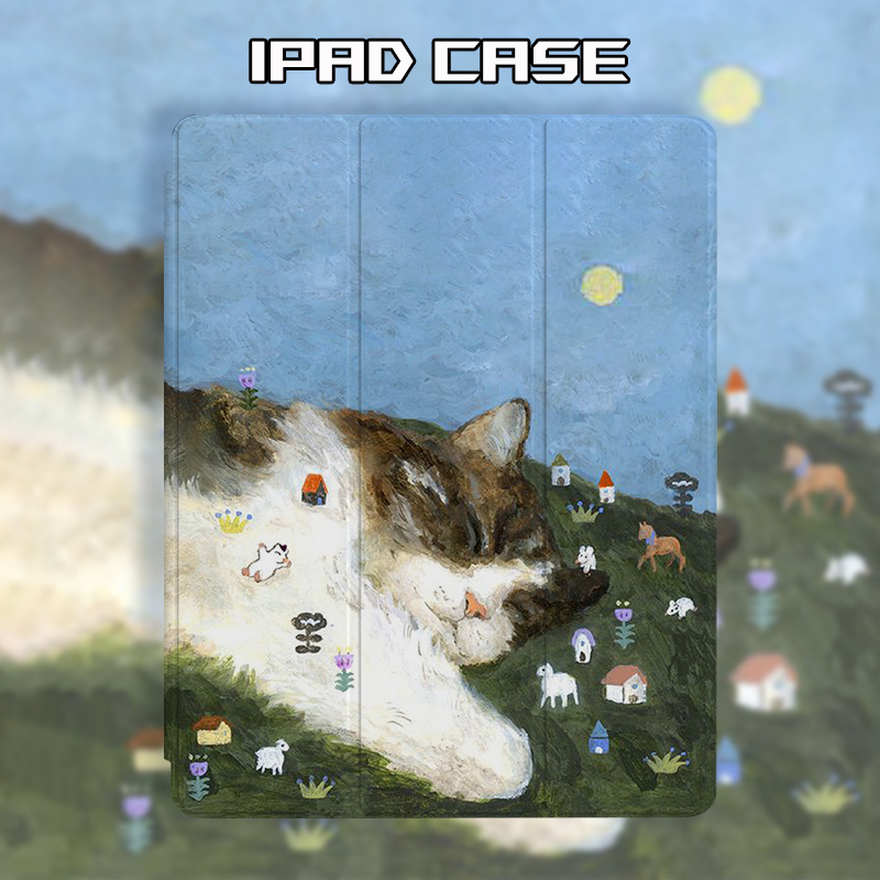 可爱小众艺术趣味萌油画睡觉猫咪适用苹果Air4/5三折保护套iPadPro带笔槽mini5/6平板10.2英寸第8/9代保护壳