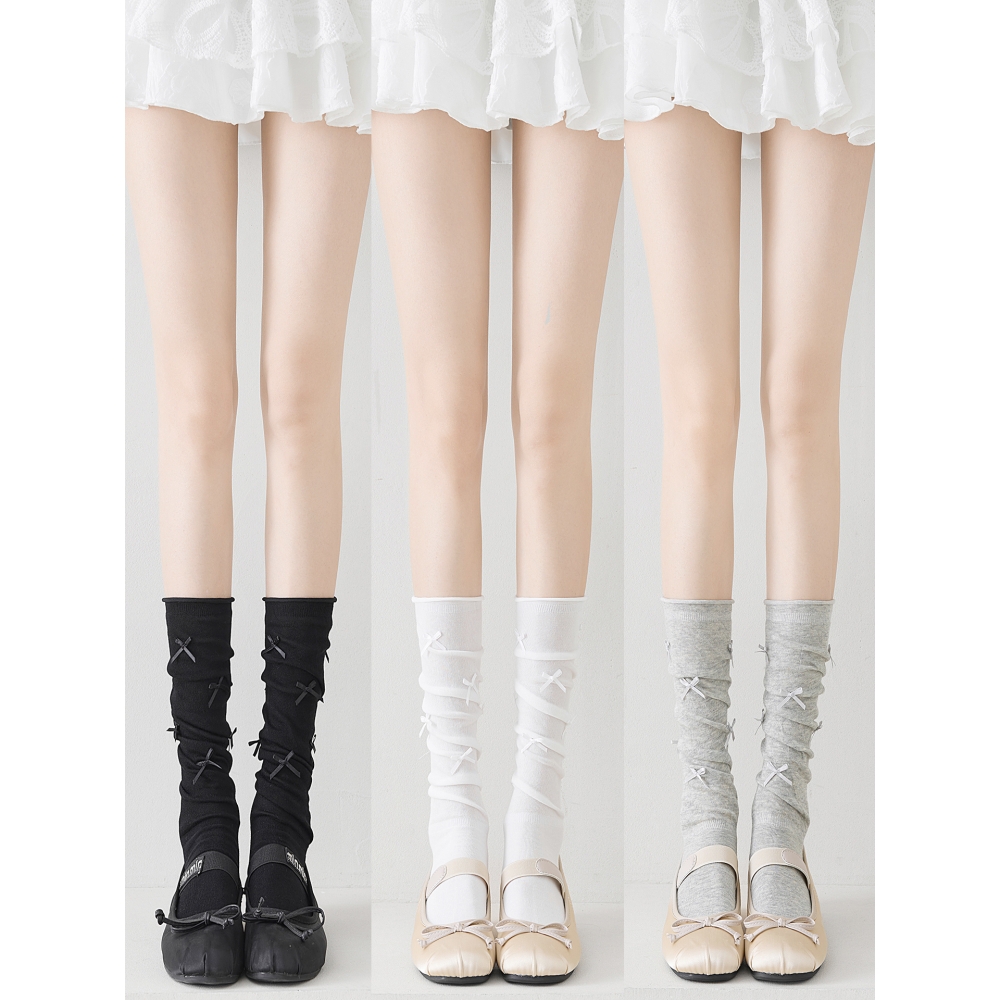 无印风日本原单蝴蝶结袜子女堆堆袜夏季薄款中筒袜miu系芭蕾风灰