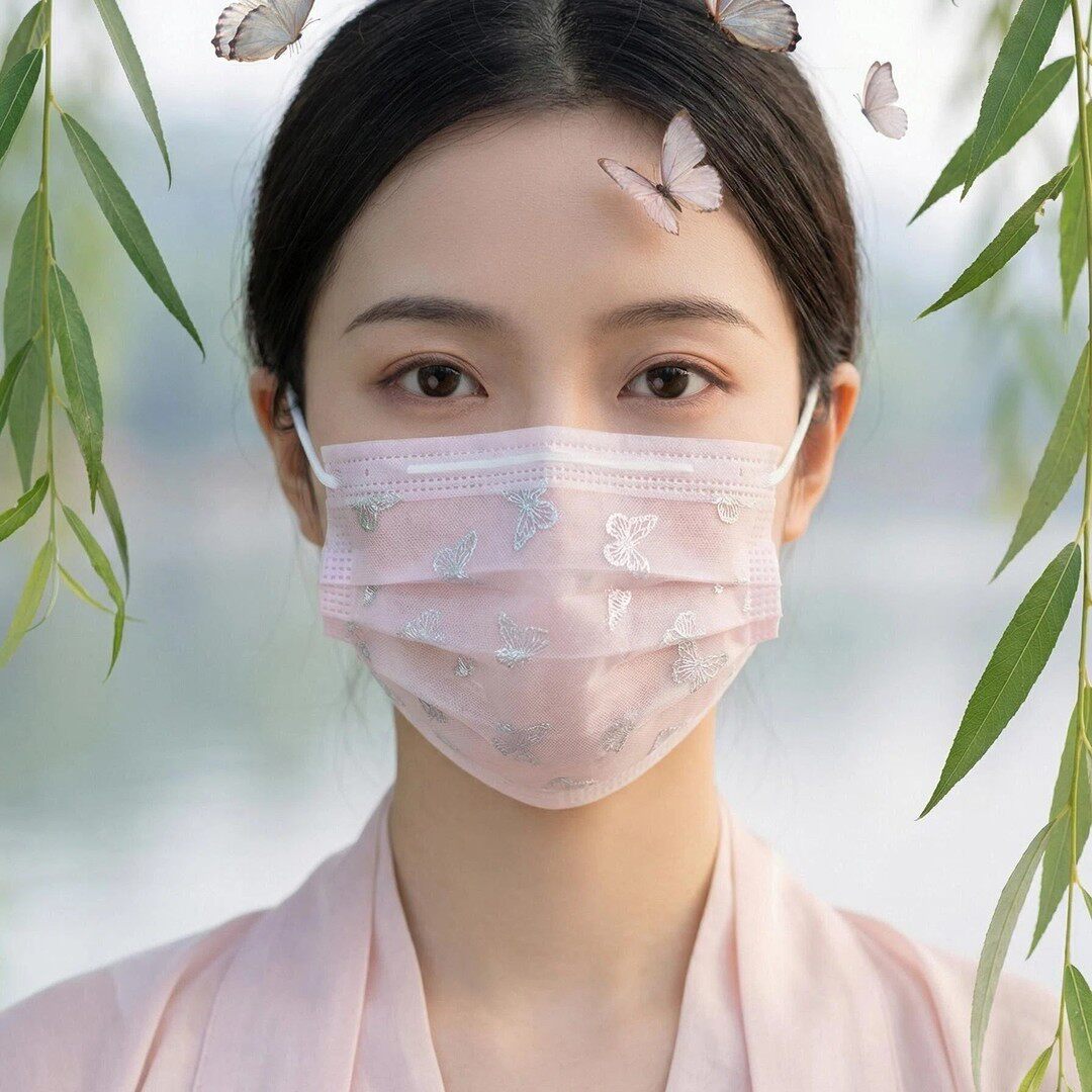 蝴蝶蕾丝口罩夏天一次性2层口罩1层网纱+1层布轻薄透气浅蓝高颜值