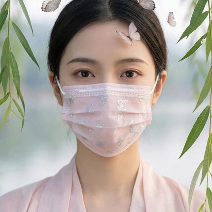蝴蝶蕾丝口罩夏天一次性2层口罩1层网纱+1层布轻薄透气浅蓝高颜值