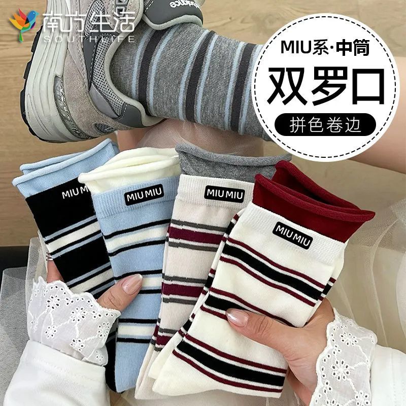 袜子女ins百搭秋冬双罗口撞色新款拼接中筒韩系条纹学院长筒堆堆