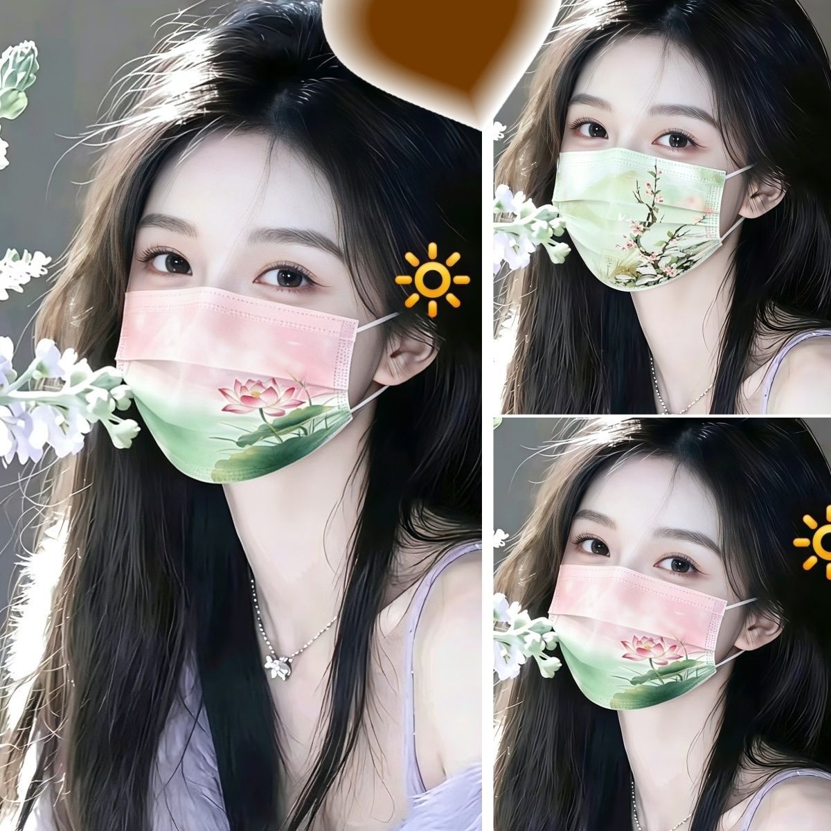 淡雅花朵春夏原创古风新款口罩清新印花三层日常防护透气显白美颜