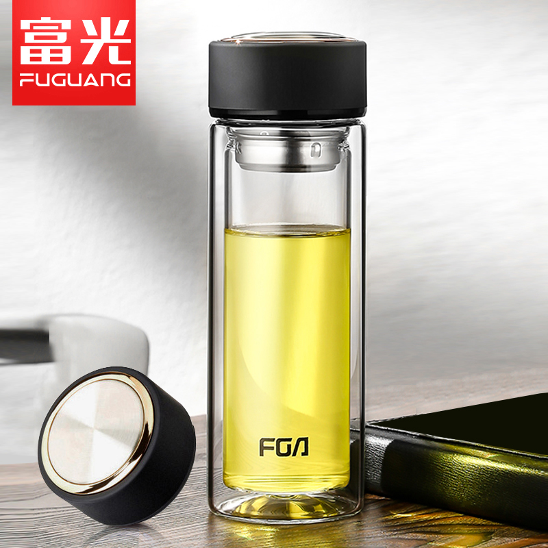 富光泡茶双层过滤带盖耐热玻璃杯
