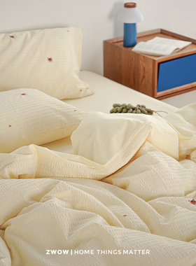 造卧zwow奶黄色松鼠松果刺绣泡泡纱100全棉纯棉床单笠被套四件套