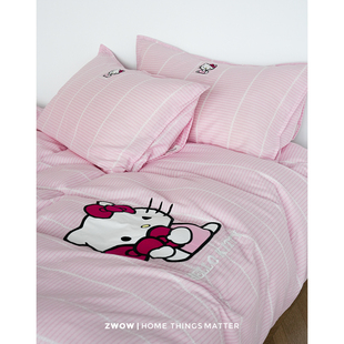 造卧zwow正版hellokitty刺绣全棉卡通粉色条纹儿童房少女风四件套